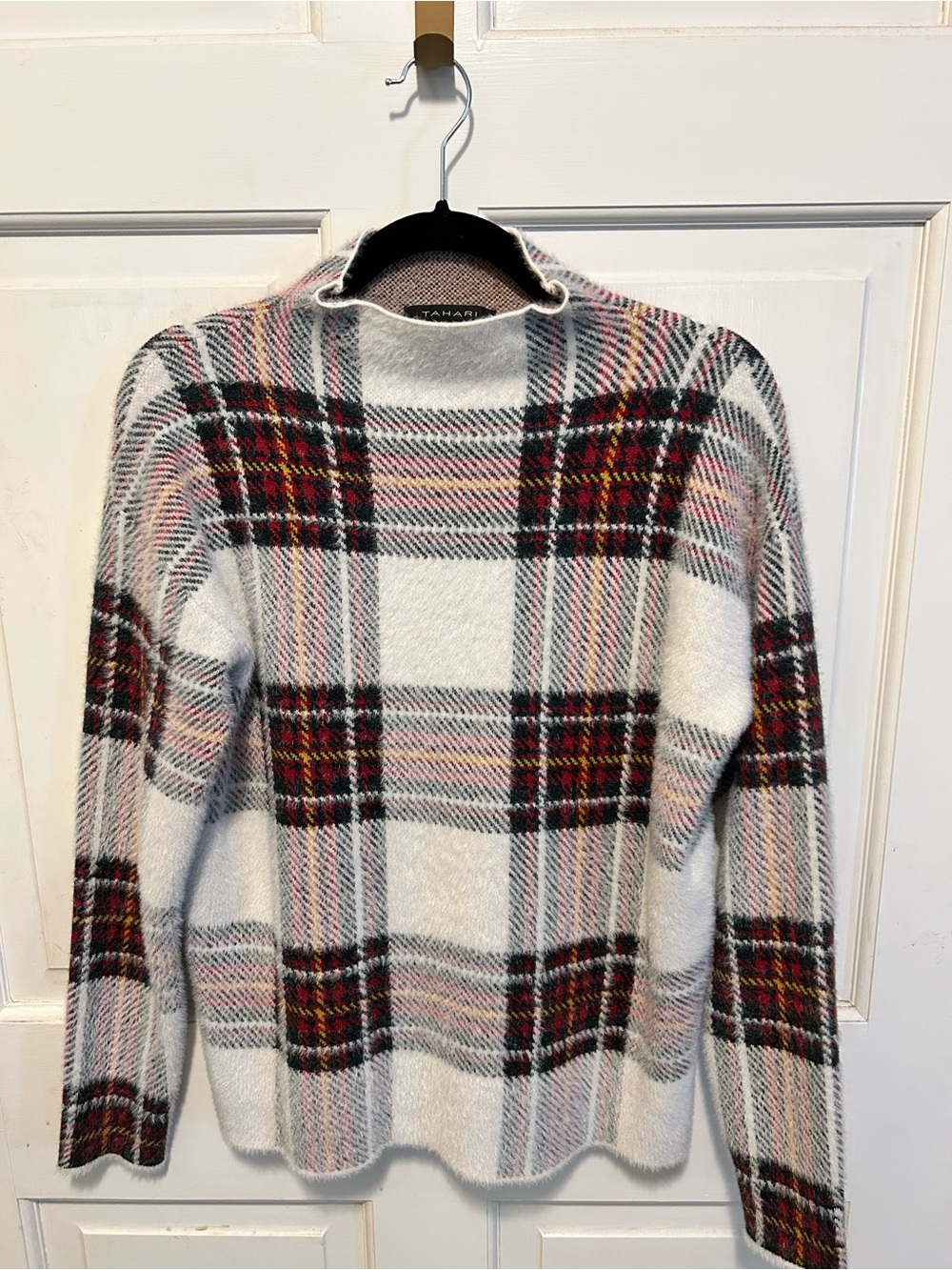 Tahari White Plaid Turtleneck Sweater with Red & Black Accents